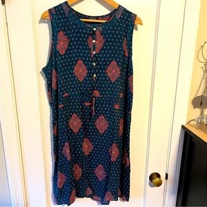 Lucky Brand Sleeveless Bohemian Tie Waist Knee Length Teal/Pink Lined Dress‎, L